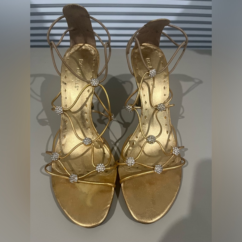 BCBGirls gold rhinestone stud strappy sandals